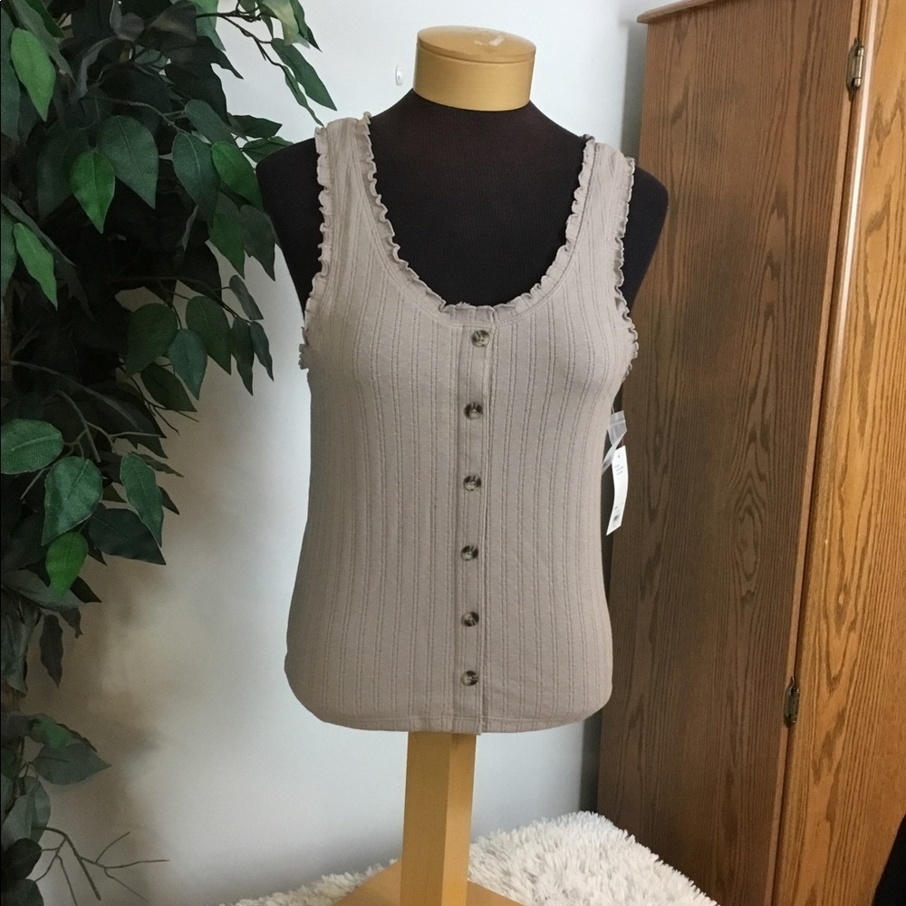 SO XL tan button front tank top with ruffle trim on neckline and arms
